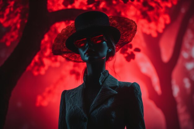 a woman in a hat and suit standing in front of red trees