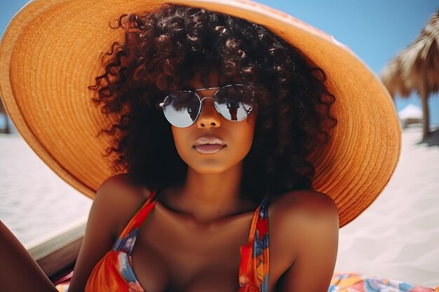 woman in hat and sunglasses on a beach