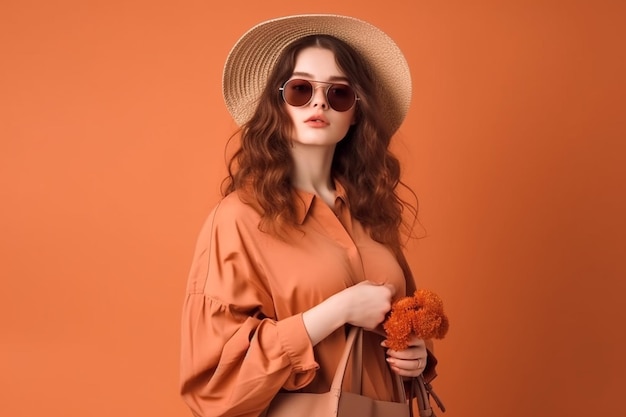 A woman in a hat and sunglasses holds a bag in her hand.