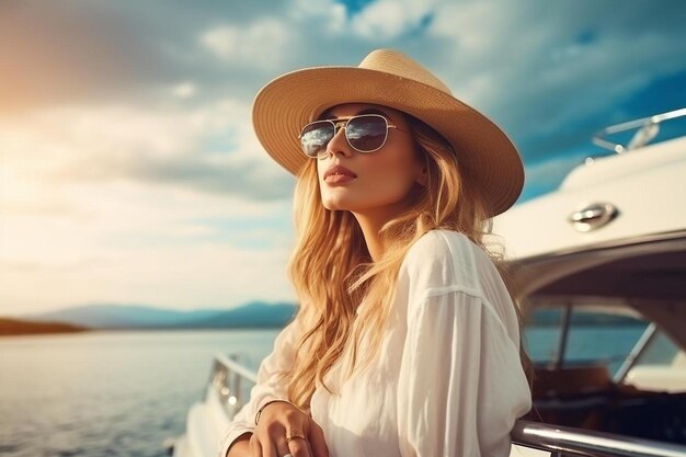 Photo a woman in a hat and sunglasses is sitting on a boat