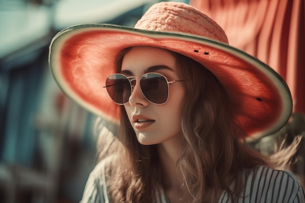 A woman in a hat and sunglasses looks at the camera.