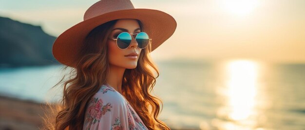 a woman in a hat and sunglasses looks at the ocean