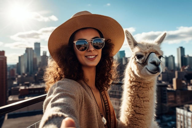 A woman in a hat and sunglasses poses with a llama