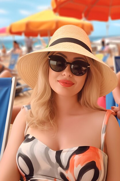 A woman in a hat and sunglasses sits on a beach.