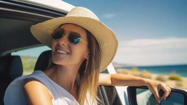 A woman in a hat and sunglasses sits in a car looking out the window.