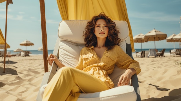 Woman in Hat and Sunglasses Sitting on Beach Chair