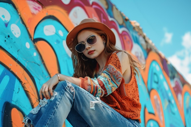 Woman in Hat and Sunglasses Sitting on Wall