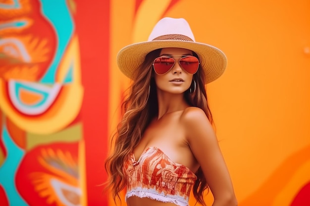 A woman in a hat and sunglasses stands in front of a colorful wall.