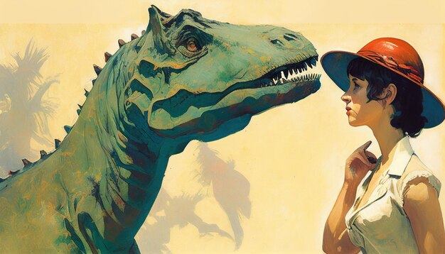 Foto una donna con un cappello e un rex che guarda un dinosauro
