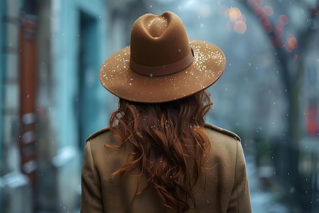 Woman in a hat walks down street in a coat facing away Concept Fashion Street Style Walking Coat Woman