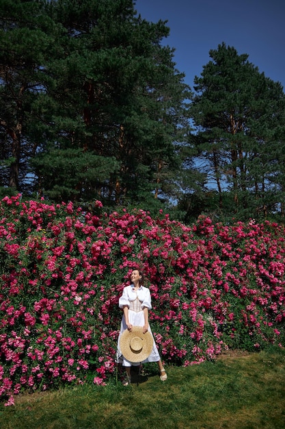 Woman in hat and white dress with corset walks in garden against background of bushes rose Beautiful romantic girl