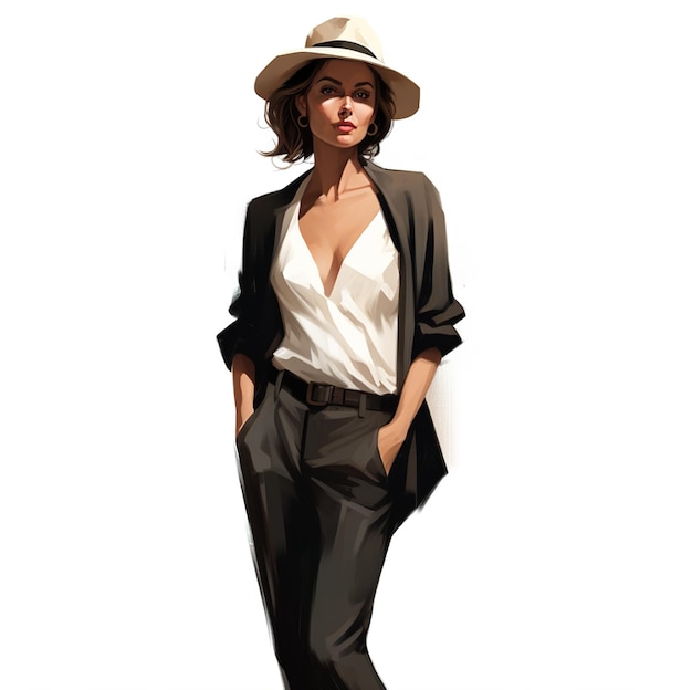Photo a woman in a hat and a white shirt is standing in front of a white background.