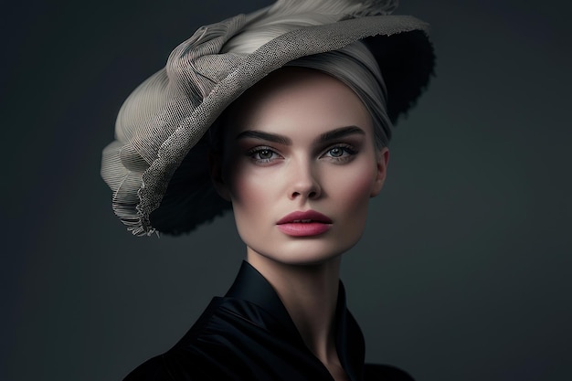 A woman in a hat with a feather on it