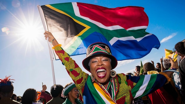 Photo a woman in a hat with the flag in the background