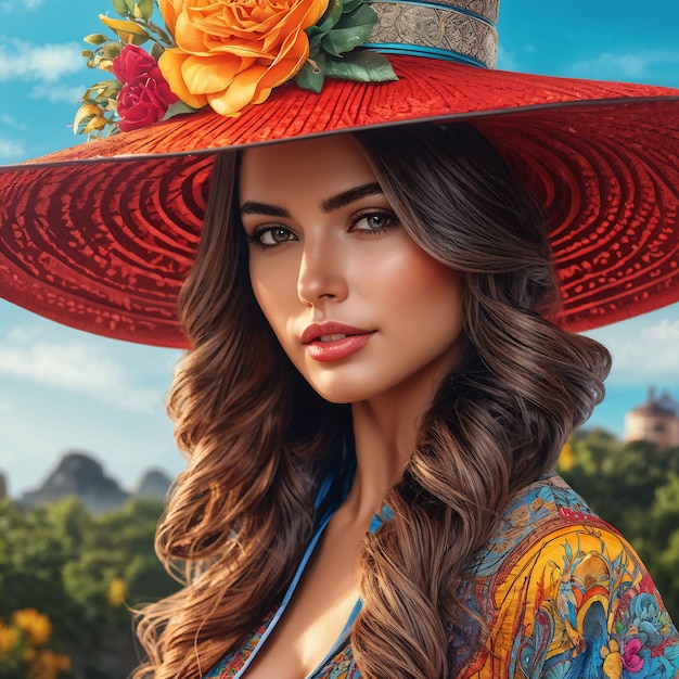 a woman in a hat with a flower on her hat