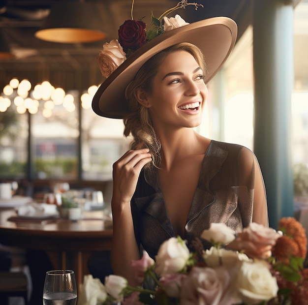 Foto una donna con un cappello con fiori in testa e un bicchiere d'acqua.