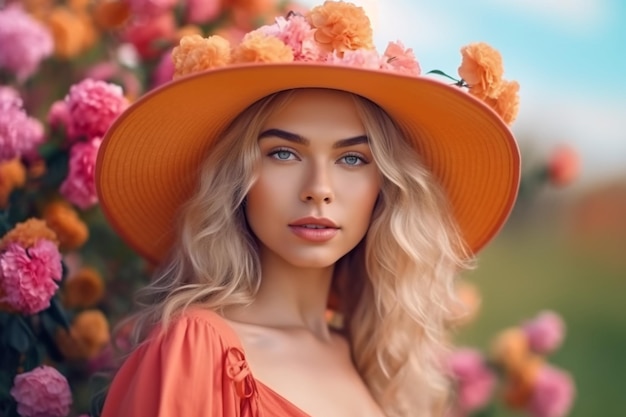 A woman in a hat with flowers on it