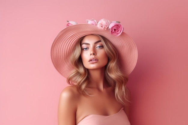 Woman in a hat with flowers on a pink background