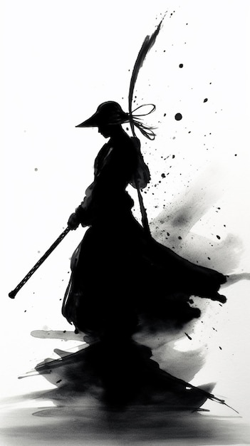 A woman in a hat with a sword is silhouetted against a white background.