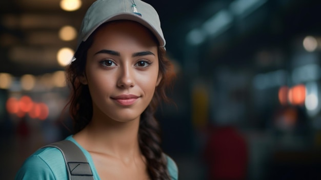 A woman in a hat with the word " on it