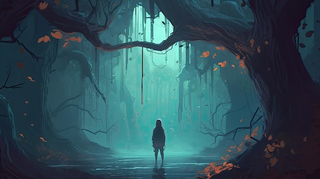유령의 숲에 있는 여자