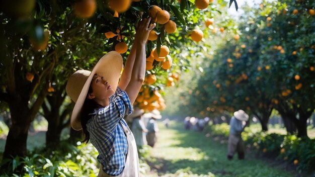 Photo woman havesting orange plantation