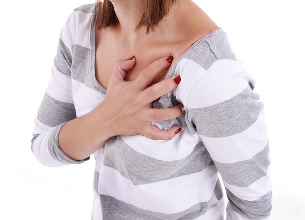 Woman having chest pain heart attack On white background