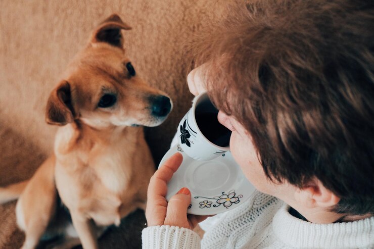 Photo woman having coffee with dog at home