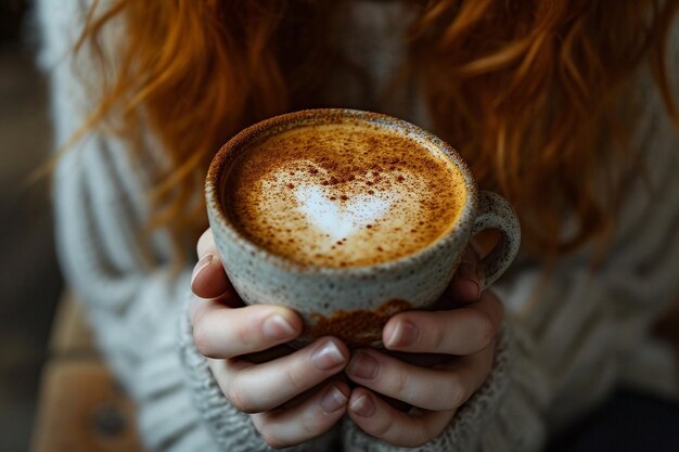 Woman having a cup of coffee with a heart drawn in the foam ar c