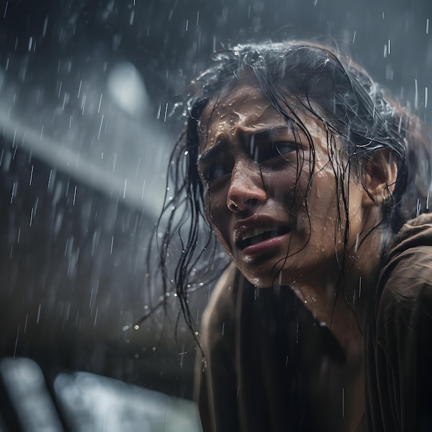 A woman having emotional discharge moment in heavy rain Filled with Anguish agony pain hopeless