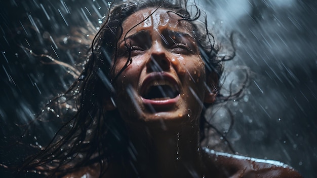 Женщина испытывает эмоциональный разряд в сильный дождь, наполненный мучительной агонией, безнадежной болью.