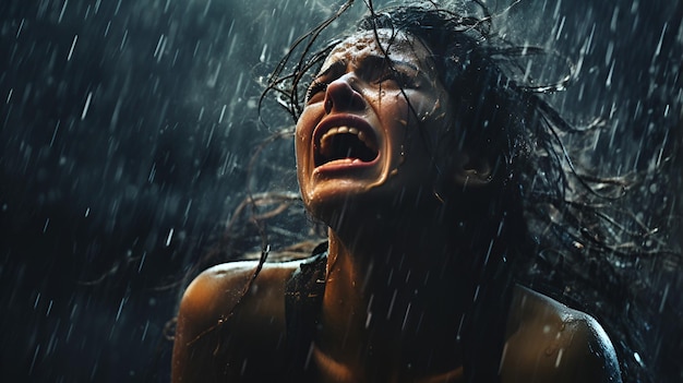 A woman having emotional discharge moment in heavy rain Filled with Anguish agony pain hopeless