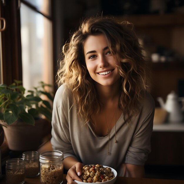 woman having healthy breakfast with granola