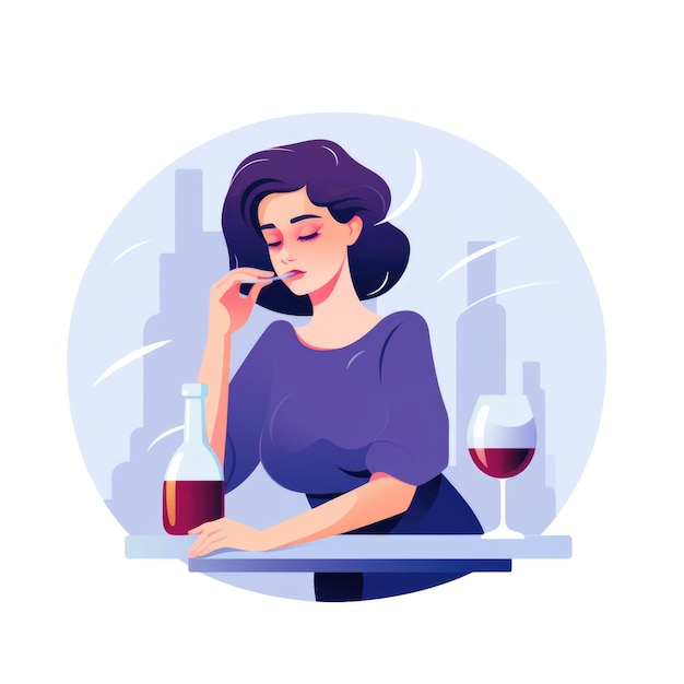 Photo woman having problems with alcohol flat illustration alcohol abuse concept unhealthy lifestyle