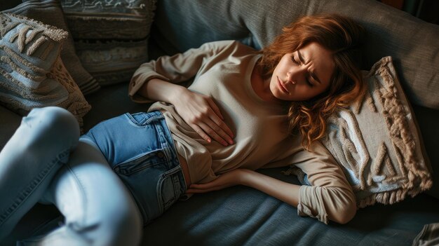 Женщина с болью в животе, сгибающейся и держащей руки на животе, дискомфорт от менструальных спазмов
