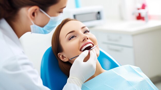 Woman having teeth examined at dentists