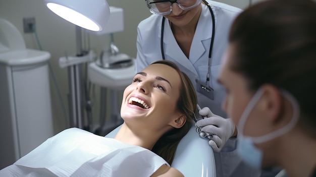 Woman having teeth examined at dentists