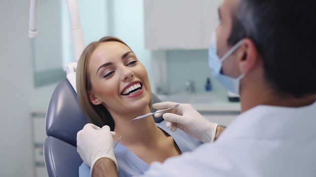 Foto donna che ha i denti esaminati presso i dentisti