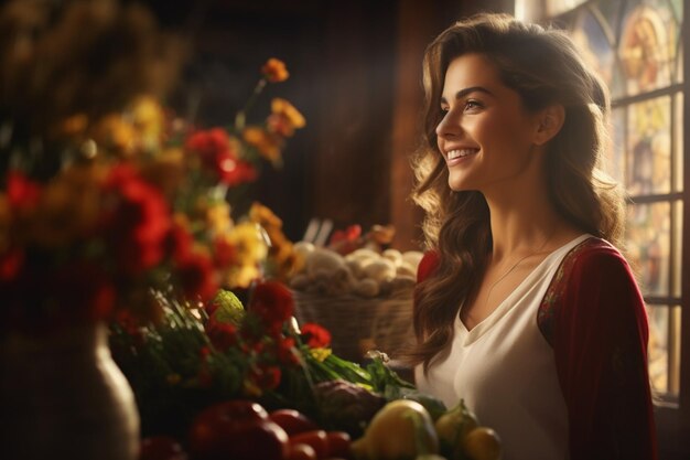 Foto donna che mangia verdure per la cena di ringraziamento in cucina