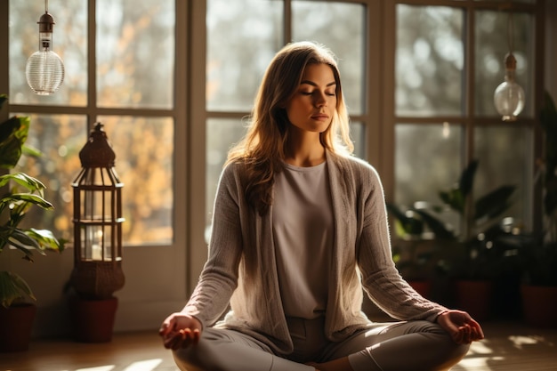 Woman having a yoga session at home in a cozy sweater