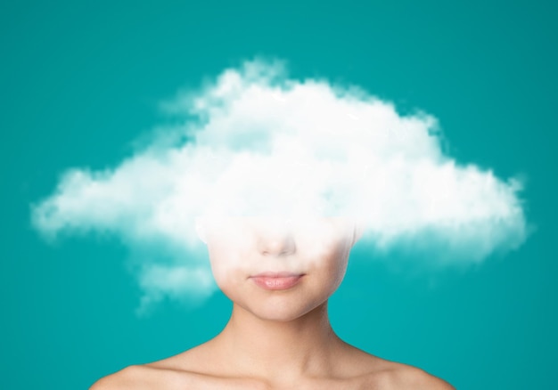 Photo woman head hidden by cloud, mental health concept