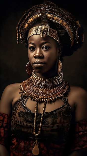 A woman in a headdress and a necklace with the word africa on it