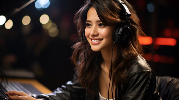 a woman in headphones in a black leather jacket sits in a podcast studio channel host