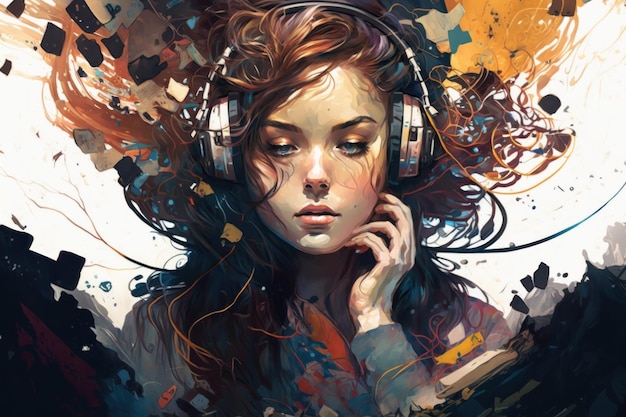 음악을 듣는 헤드폰의 여성 아름다운 그림 그림 생성 AI