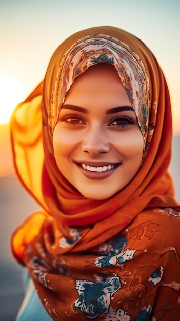 スカーフをかぶった女性がカメラに向かって微笑む生成AI画像