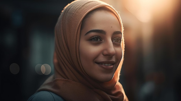 A woman in a headscarf smiles at the camera.