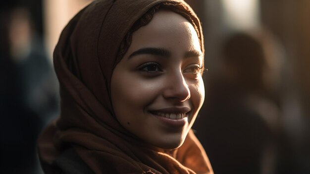 A woman in a headscarf smiles at the camera.