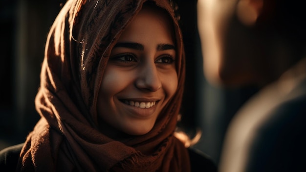 A woman in a headscarf smiles at the camera.