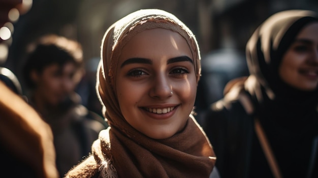 A woman in a headscarf smiles at the camera.