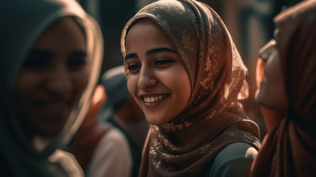 A woman in a headscarf smiles at the camera.